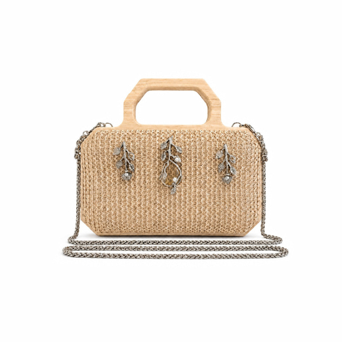 Bolsa de festa clutch prata velho com aplicação de cristais da coleção Pétalas de Buganvilia Camila Klein.