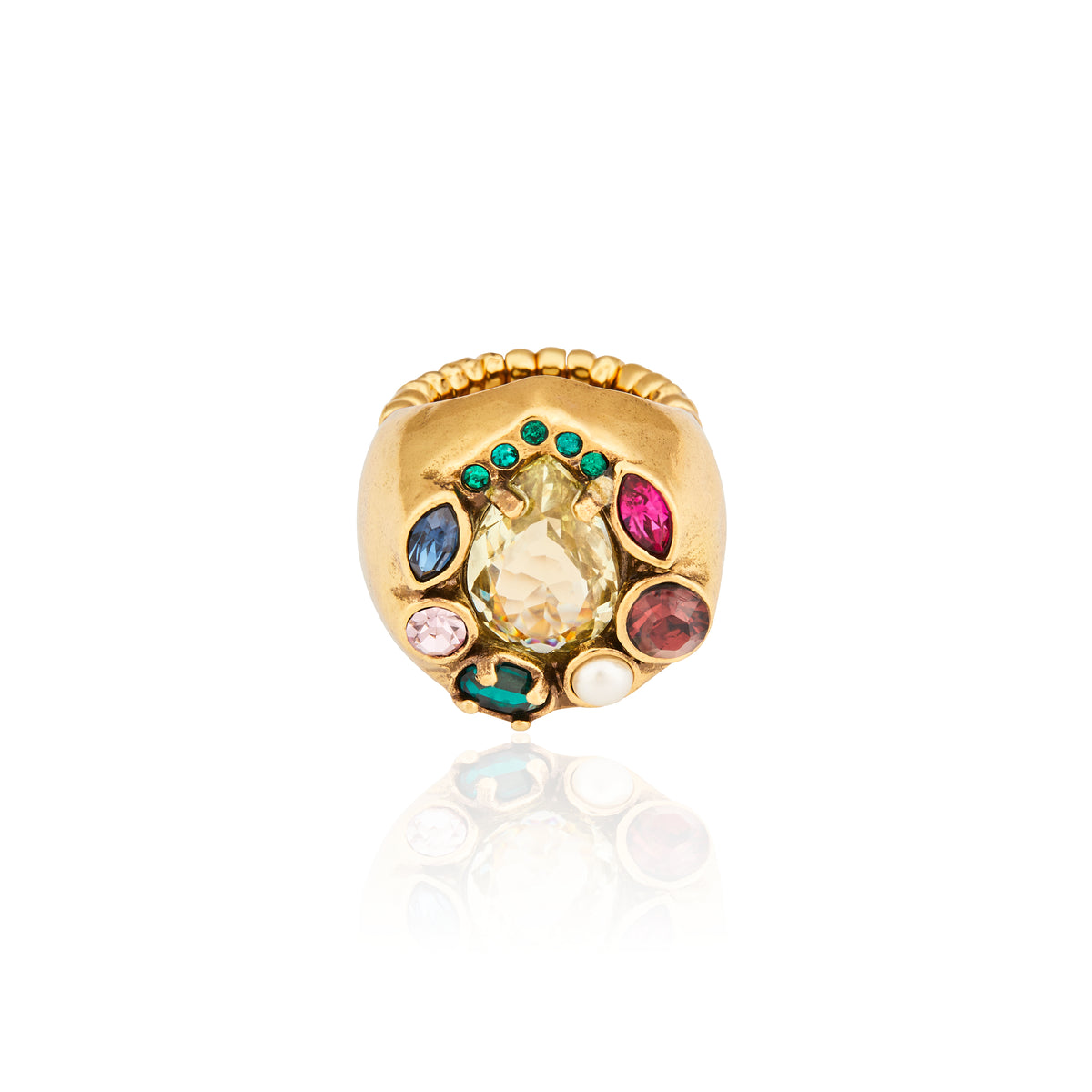 Meio Anel Jonquil Ouro Peregrinar Camila Klein, com design autoral e acabamento em ouro velho, apresenta cristal central em destaque, cristais coloridos ao redor e detalhes de pérola, criando uma composição sofisticada e marcante.